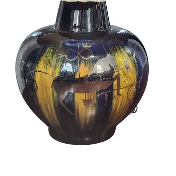 Vintage Mid Century Modern Table Lamp Gazelle Ram Drip Glaze Pottery Pleat Shade - Picture 4 of 14